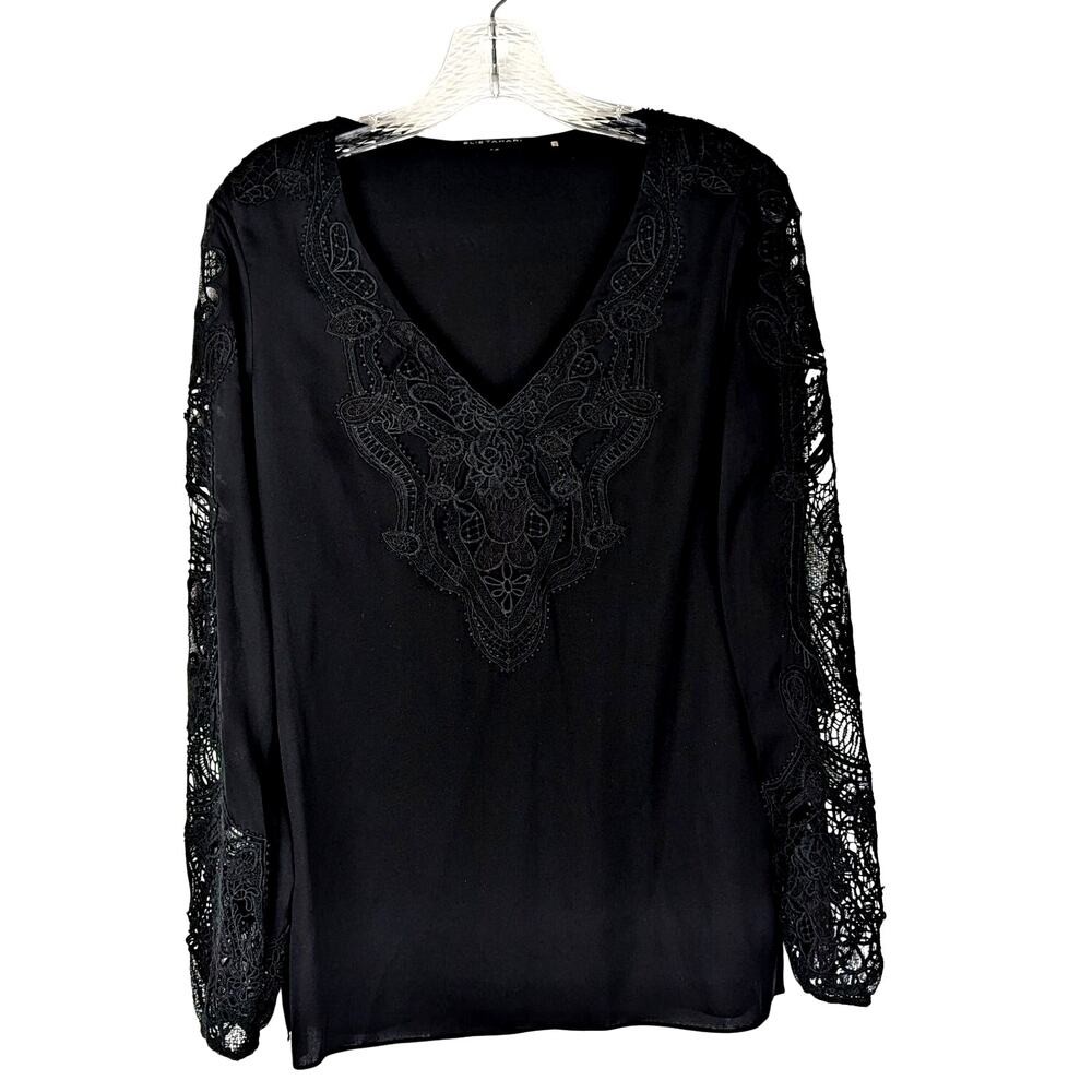 Elie Tahari Black Silk Blouse with Cutout Lace Sleeves & Side Slits Fits Small